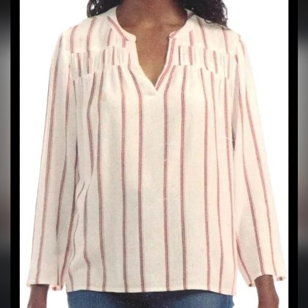 SPLENDID Linen Blend Blouse Women's L Yoked Wiite/ Red Stripes V Neck Shirt Top